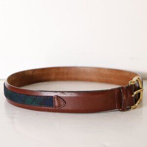 Pendleton Vintage Mens Brown Leather Belt 34 Blue Green Plaid Preppy Classic